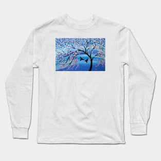 Blue, birds and flowering tree Long Sleeve T-Shirt